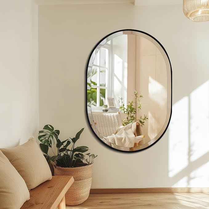 POZINO Oval Beveled Mirror, 24"x36" Bathroom Vanity Mirror Over Sink, Pill Shaped Capsule Wall Mounted Mirrors, Modern Oblong Mirrors for Living Room Bedroom Entryway, Hangs Vertically or Horizontally