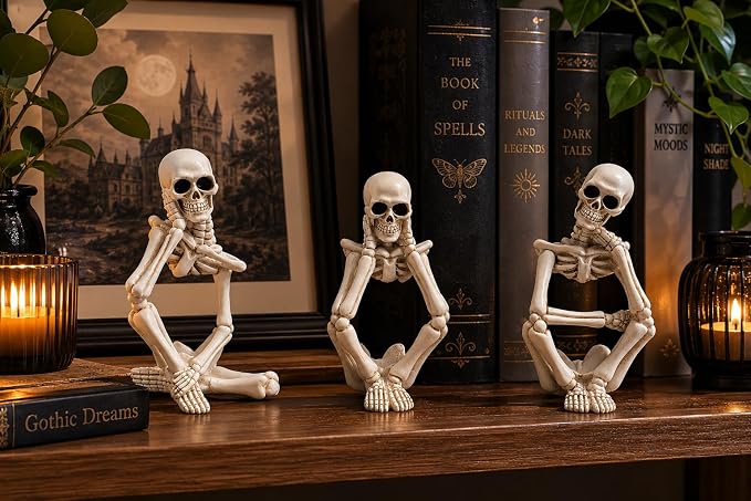 Skeleton Thinker Decor Set of 3, Resin Gothic Figurines for Home Decor, Aesthetic Skull Shelf Decor, Halloween Decorations for Home, Bookshelf & Office Accents