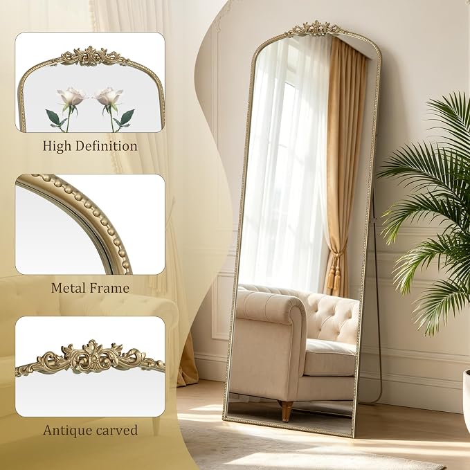 WallBeyond Gold Vintage Full Length Mirror with Stand for Vanity 24x70 Inch, Gold Antique Mirror with Ornate Frame, Arched Vintage for Bathroom, Living Room, Bedroom, Entryway