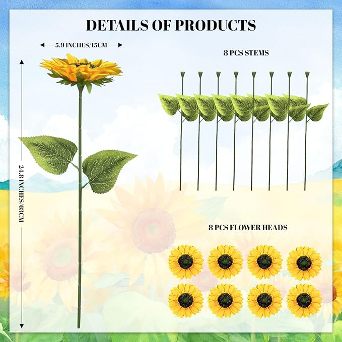 8 PCS 5.9" W x 24.8" H Large Sunflowers Artificial Flowers with Long Stems Silk Fake Big Sunflowers Bouquet Faux Sunflower Arrangement for Home Vase Table Wedding Garden DIY Fall Decor