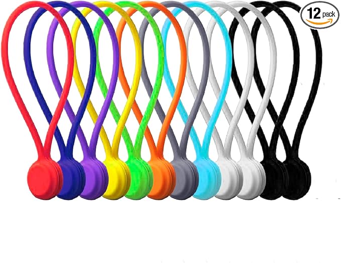 Magnetic Cable Management Organizer | 12 Pack Reusable Cable Ties & Cord Holder with Magnetic Clips | Silicone Cable Ties & Cord Keeper for Smart Home Gadgets, Assorted Colors