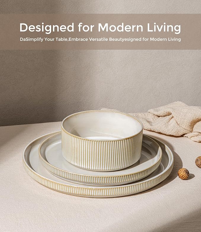 GBHOME 12-Piece Stoneware Dinnerware Set for 4 – Ribbed Ceramic Plates and Bowls, Scratch-Resistant, Microwave & Dishwasher Safe, Reactive Glaze, Oatmeal Veil