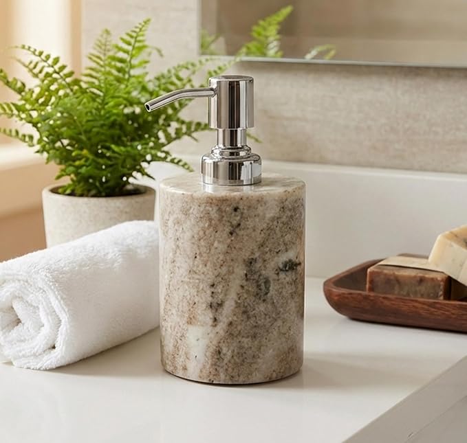 KLEO Soap Dispenser Lotion Dispenser - Made of Natural Stone - Luxury Bathroom Accessories Bath Set (Brownish)