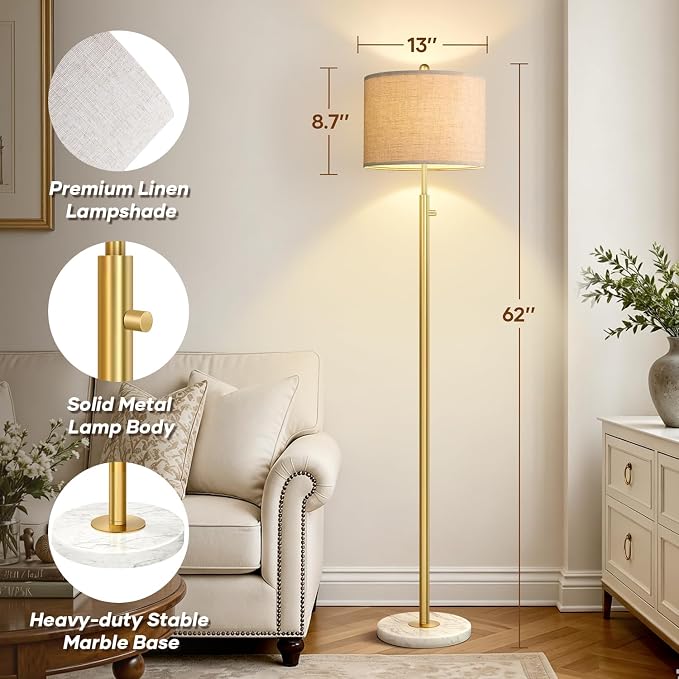 【Upgraded】 Dimmable Floor Lamp for Living Room, 11W LED Bulb Included, Modern Standing Lamp with Marble Base, Tall Pole Light with Linen Shade for Bedroom Reading Office Corner Nursery-Brass Gold