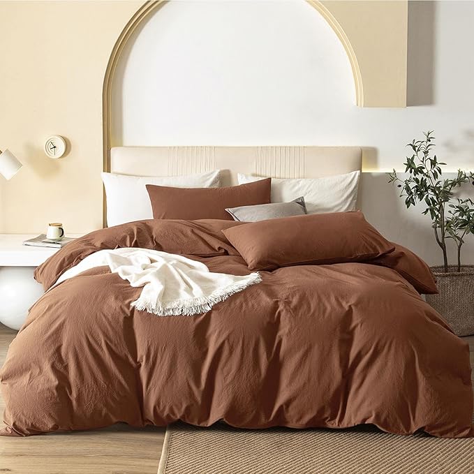 JIYUAN 100% Washed Cotton Duvet Cover Set 3 Pieces Cal King, 1 Duvet Cover 104x98 Inches(Comforter Not Included) and 2 Pillowcases,Linen Feel Bedding Set Comfy and Breathable,Burnt Orange