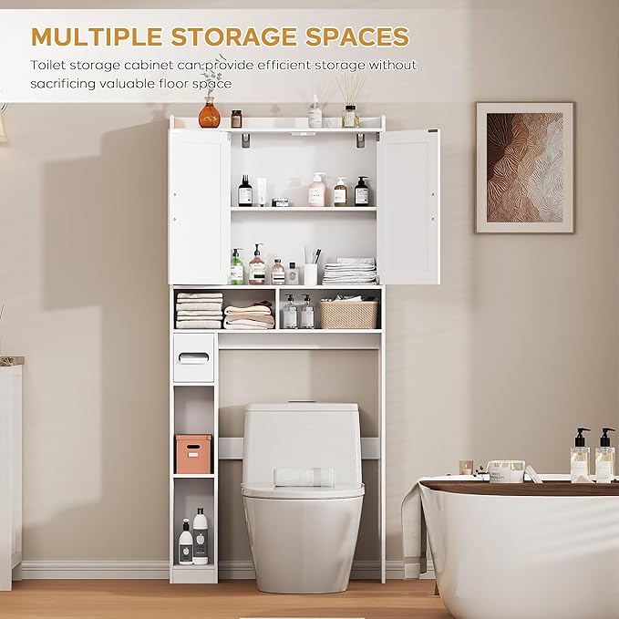 Over the Toilet Storage Cabinet, 31”W Bathroom Organizer with Double Doors, Above Toilet Rack, Detachable Toilet Paper Holder for Bathroom & Laundry Room White
