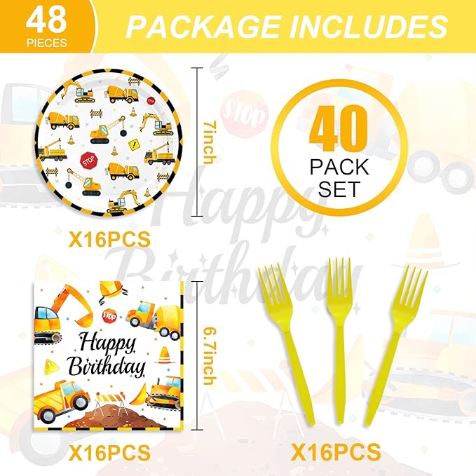 48PCS Construction Party Supplies,Disposable Tableware Include Plates Napkins Forks For 16 Guests,Construction Birthday Party Decorations For kids