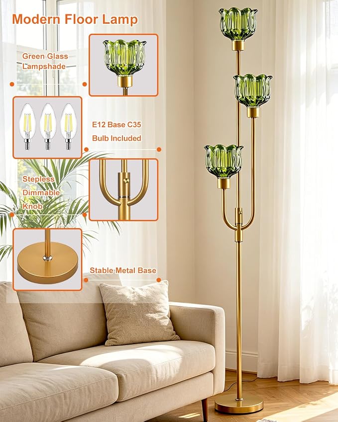 Lightdot 3-Lights Modern Glass Floor Lamp 66IN Gold Dimmable Floor Lamps with 3000K Warm White Bulbs for Wedding Party Tall Standing Lamp with Green Glass Shade for Living Room/Bedroom/Home Decor