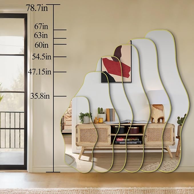 Irregular Wall Mirror, 60"x24" Large Asymmetrical Tempered Glass Mirror, Gold Modern Organic Frameless Mirrors for Entryway Hallway Bedroom Living Room, Horizontal or Vertical Hanging