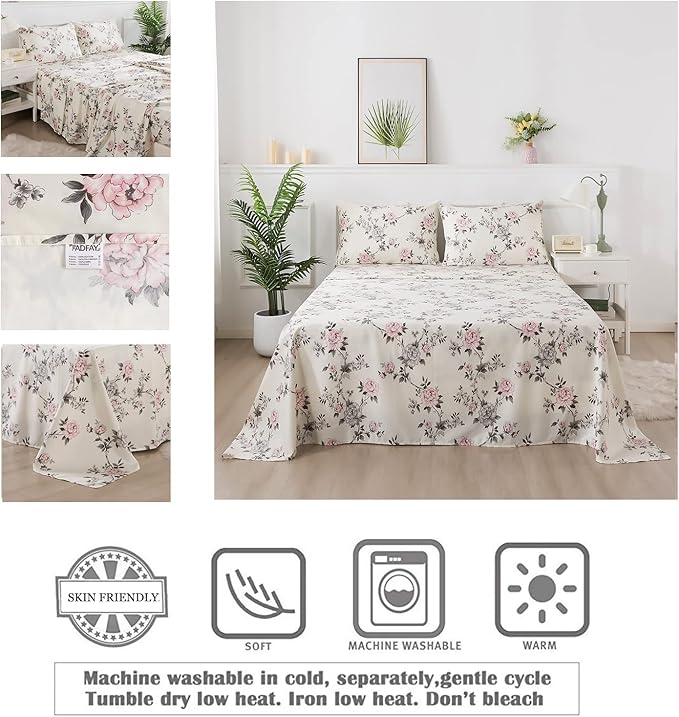 FADFAY Floral Sheets Set Twin Vintage Rose Floral Bedding Shabby Grey and Pink Peony Print Sheets Farmhouse Bedding 800 Thread Count 100% Egyptian Cotton Soft Deep Pocket Fitted Sheet 4Pcs, Twin Size