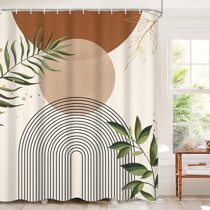 Boho Mid Century Shower Curtain, Brown Modern Minimalist Abstract Geometric Green Gold Plant Leaves Sun Arch Bathroom Curtains Waterproof Fabric Buthtub Curtain Set with Hooks 48" Wx72 L