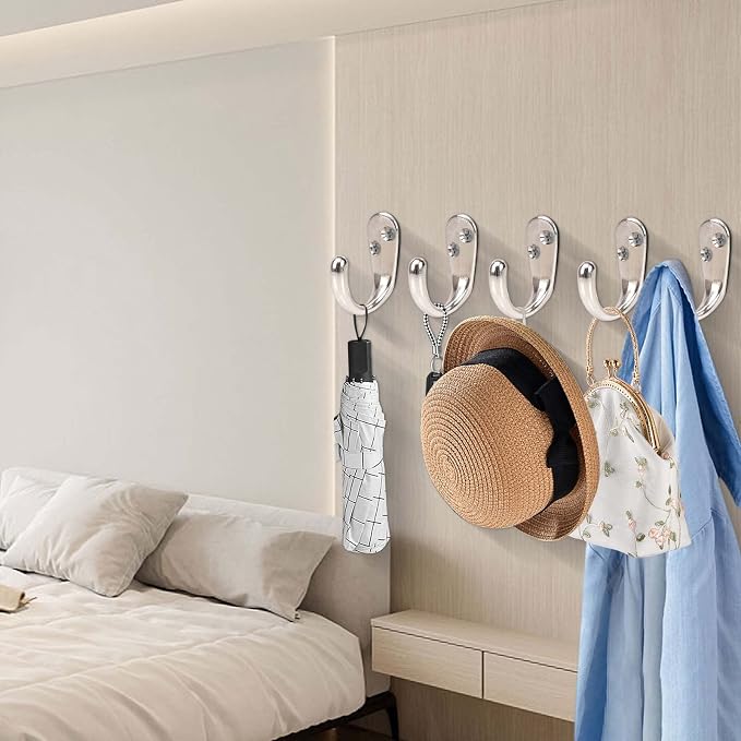 NearMoon Coat Hooks Wall Mounted - Heavy Duty Metal Single Prong Robe Hanger Rustproof Wall Hooks for Towel Hat Key Bag on Bathroom, Kitchen, Livingroom(10 Pack, Silvery)