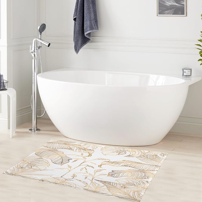LB Gold Palm Leaf Bath Mat for Bathroom- Abstract Banana Leaves White Non Slip Doormat- Luxury Aesthetic Modern Absorbent Memory Foam Living Room Bedroom Door Front Floor Area Rugs,31.5x19.6 Inch