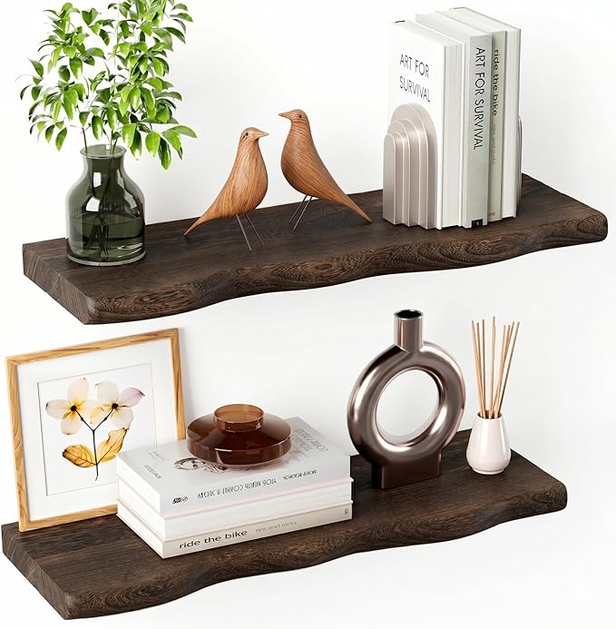 Solid Wood Live Edge Floating Shelves Set of 2 – 36" Rustic Wall Shelf with Hidden Bracket System, Wall Mounted Shelves for Bathroom, Kitchen, Living Room, Bedroom (Charcoal Brown)