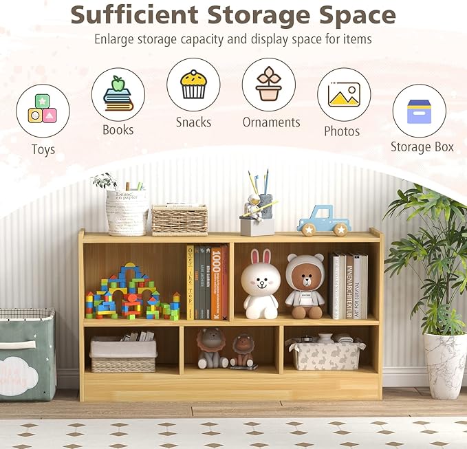 Toy Storage Organizer, 2-Tier Kids Bookshelf, 5 Cube Kids' Bookcases, Cabinets & Shelves, Wooden Toy Organizers, Small Book Shelf for Bedroom, Playroom, Classroom, Nursery (Burlywood)