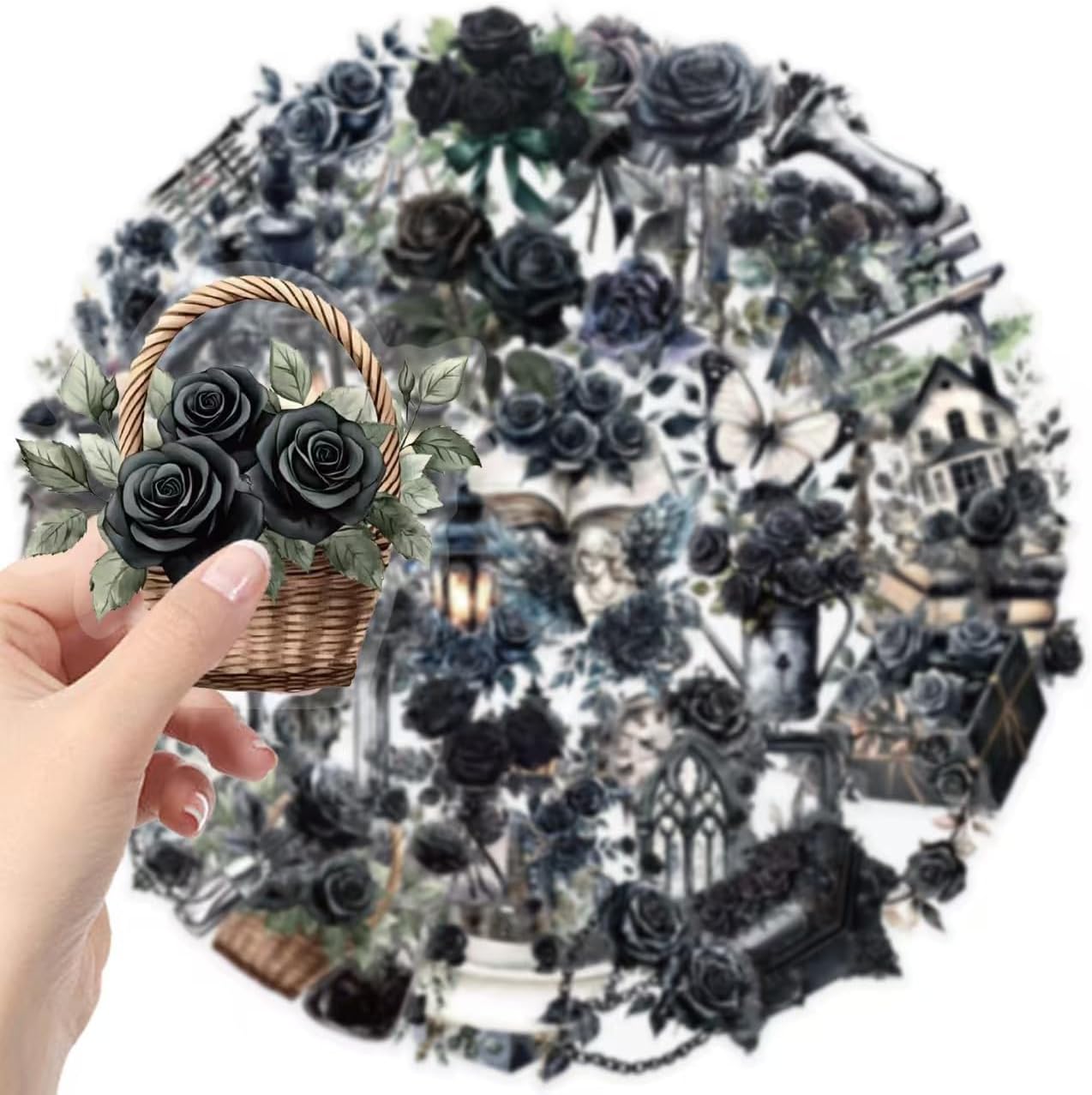 Skiennix Gothic Transparent Stickers - 50 Pcs Black Rose Flower Pack for Scrapbooking & Journaling