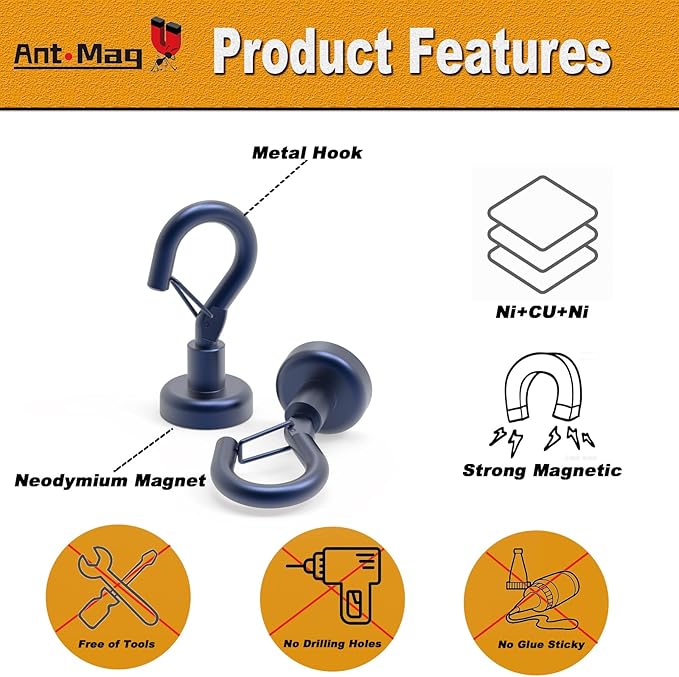 Ant Mag Magnetic Hooks Heavy Duty with Snap 22lbs Strong Blue Magnet Hooks Great Hanging for Refrigerator, Cruise Cabin, Grill, Wreath,Kitchen,Office 8 Pack