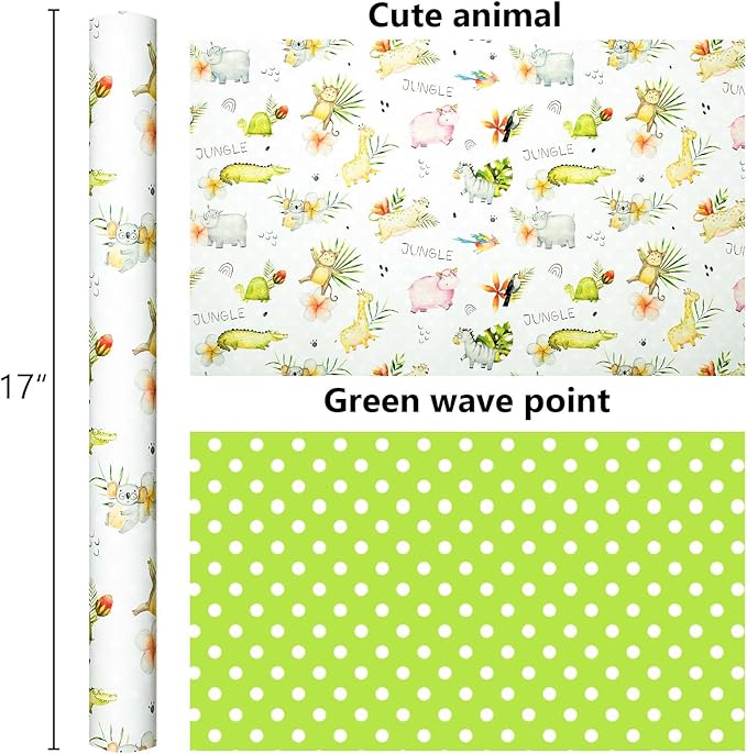 Burymento Animal Wrapping Paper, Reversible Dot Design Gift Wrap for Baby Shower, Birthday, Valentines, Mothers day, Graduation, Wedding, Fathers day, Christmas (17 Inch X 32.8 Feet)