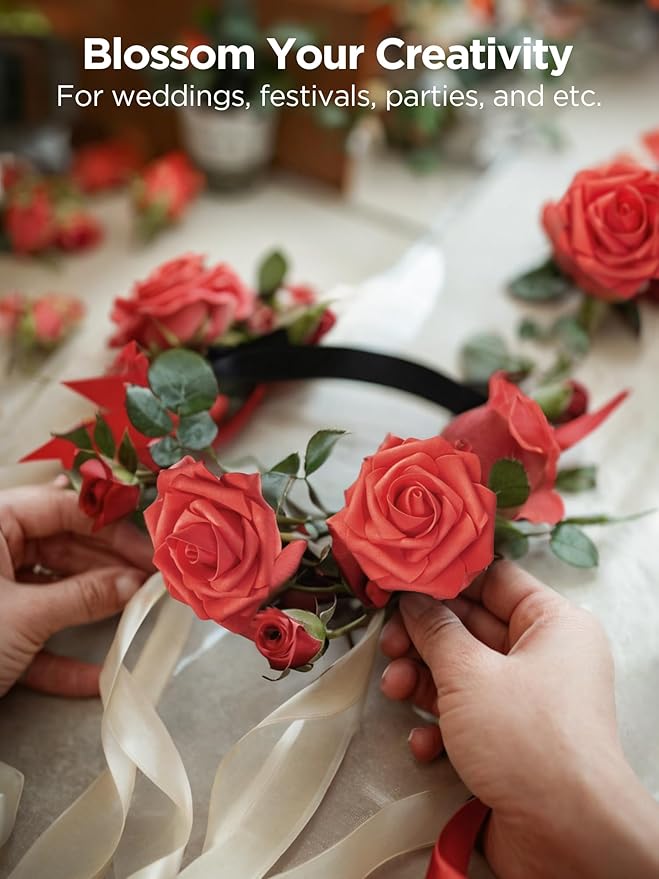 InnoGear Artificial Flowers, 50 Pcs Red Foam Fake Roses Bulk with Stems for Decoration DIY Wedding Bouquets Centerpieces Bridal Shower Party Valentines Christmas Tree