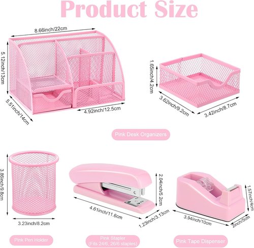 Auroray Pink Desk Organizer Set - Stylish Office Supplies with Mesh Organizer, Tape Dispenser & More