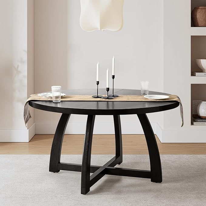 HULALA HOME 54 inch Round Dining Table for 6 People，Mid-Century Modern Solid Wood Circle Dinner Tables for Small Spaces Dining Room Living Room Kitchen, Black