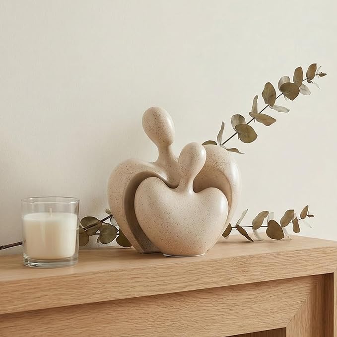 Ceramic Couple Statues Home Decor Aesthetic Abstract Sculpture Modern Decorative Statue for Living Room Bedroom Bookshelf Table Centerpiece Office (Beige)