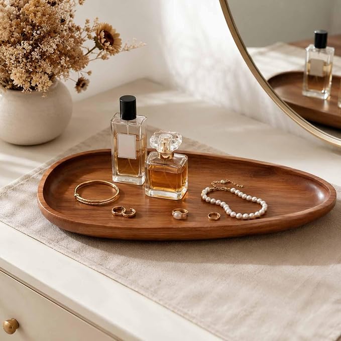Acacia Wood Decorative Tray – Premium Craftsmanship Wooden Tray Irregular Handmade Catchall Plate for Keys, Candles, Coffee Table Décor & Entryway Organization-11.8 * 5.08 * 1.18 inch