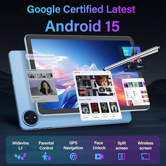 11 Inch Tablet Android 15 Tablet, 2026 Tablets with keyboard, 24GB+256GB+2TB Expand, 2 in 1 Tablets with Case Mouse Stylus, 8000mAh Battery, Octa-Core, Supports Widevine L1, 5G WiFi, GPS (Silver Case)