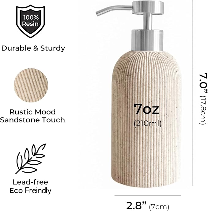 Lunestella Sand Beige Hand Soap Dispenser with Stainless Steel Pump, for Bathroom and Kitchen, Luxury Farmhouse, Boho & Zen Style, Sandstone Finish, Rust Proof, 7oz