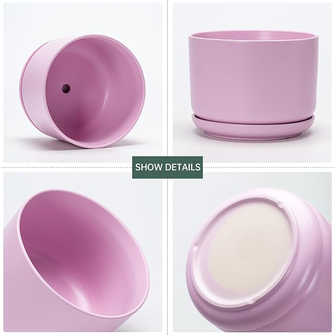 Ton Sin Pink Flower Pots,Ceramic Planter Pot for Indoor Plants,Set of 3 Flower Pot with Drainage Holes and Tray,Cute House Plant Pot for Succulent, Orchid, Cactus(Matte Pink)