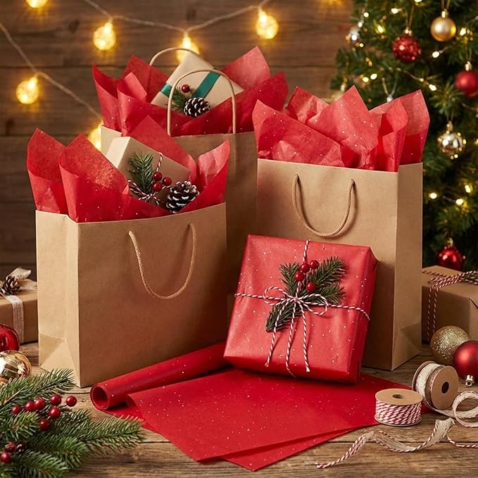 Qilery 500 Sheets Christmas Glitter Red Tissue Paper Bulk 15 x 20 Inch Sparkle Wrapping Paper for Gift Bags Acid Free Tissue for Christmas Craft Supplies, Bouquets, Garlands, Forming Pompoms, Wedding