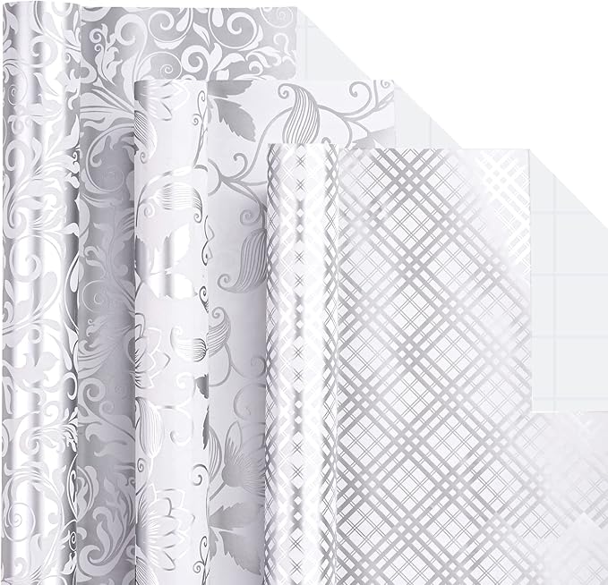 LeZakaa Silver Wrapping Paper Roll, Elegant Metallic Foil Gift Wrap with Floral and Plaid Pattern for Wedding, Anniversary, Birthday, Mothers Day, Bridal Shower, Christmas, 17 x 120 inches, Mini Roll