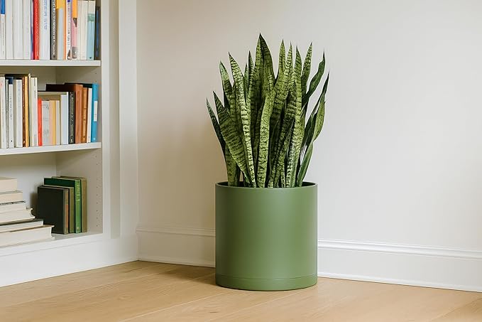 D'vine Dev 14 Inch Plastic Planter Pots for Plant Pot with Drainage Hole and Seamless Saucers, Olive, 74-X-I-4