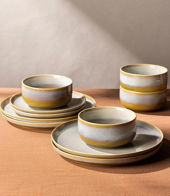 TheTerra Ceramic Dinnerware Sets for 6, 18 Pieces Handmade Reactive Glaze Plates and Bowls Set, Scratch Resistant Dish Set, Oven & Microwave & Dishwasher Safe, Autumn Haze