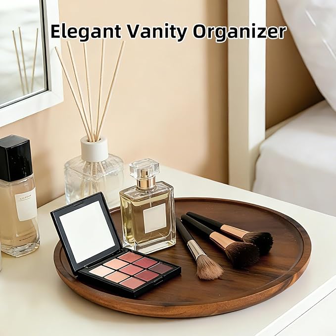 Round Acacia Wood Tray, Non-Slip Wooden Candle Tray for Coffee Table, Bathroom Vanity & Countertop, Decorative Wooden Tray for Home Décor Organizer- 11.8 Inch Diameter