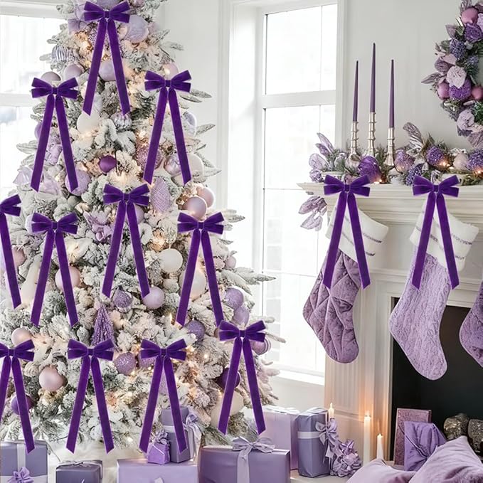 JOICEE 15Pcs Velvet Bows Christmas Tree Decorations, 5 x 12 Inch Wreath Bows Rustic Crafts Gift Ribbon Bow for Xmas Tree Topper Garland Fireplace Mantel Staircase Wedding Home Decor(Purple)