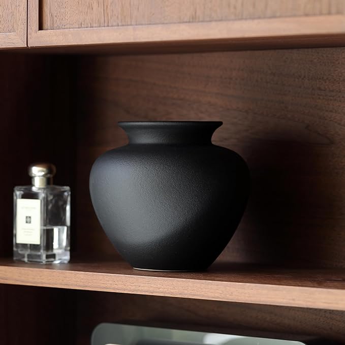 Black Ceramic Flower Vase, Decorative Jar Modern Centerpiece Table Decorations,Rustic Ceramic vases for Home Decor Dining Room,Wide Mouth Ceramic vase for Kitchen Utensils (Black, 0619)