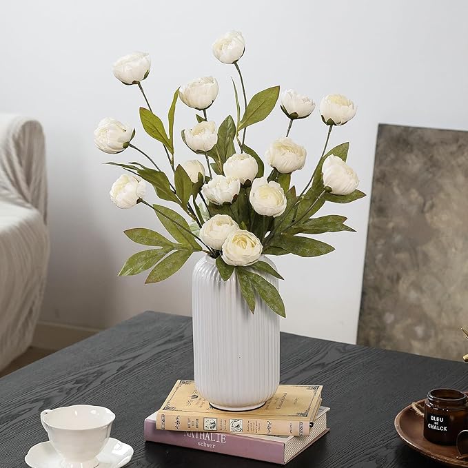 VIERENA 12 Pcs Faux Silk Peony Artificial Flowers for Vase -27", Bulk Fake Peonies Branches with Stems for DIY Bouquet Centerpieces Wedding Fillers Arrangements Shower Decorations (Cream)