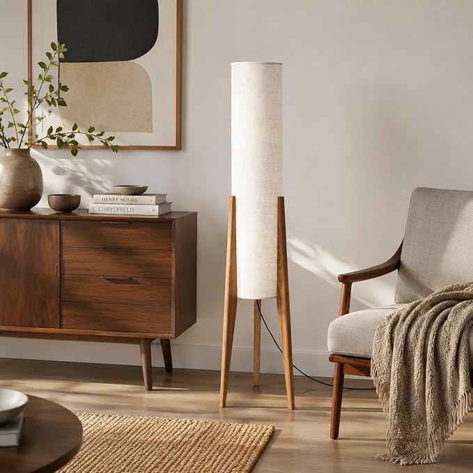 MIXL-Tripod Wooden Tall Floor Lamp,Fabric Drum Shade Corner Standing Lamp,Farmhouse Style Floor Light for Nursery and Study Room