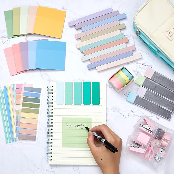 Sinload 60 Pcs Aesthetic Book Annotation Kit School Supplies Cute Pencil Case 12 Highlighter 5 Gel Pen 6 Mechanical Pencil 5 Magnetic Bookmark 1220 Pcs Sticky Note Tab Student Stationary(Mint Green)