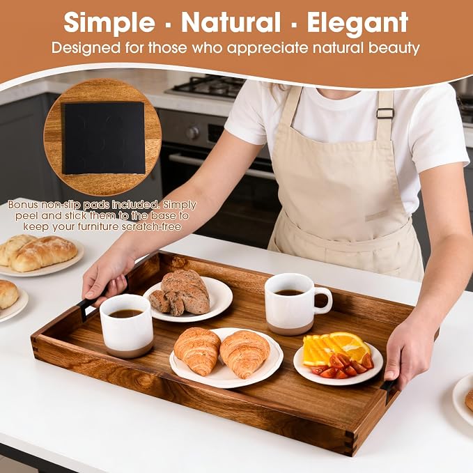 Large Ottoman Tray for Living Room and Coffee Table, Decorative Acacia Wood Serving Tray with Metal Handles for Breakfast in Bed, Dinner Food Kitchen TV (Natural, 24" x 15" x 2")
