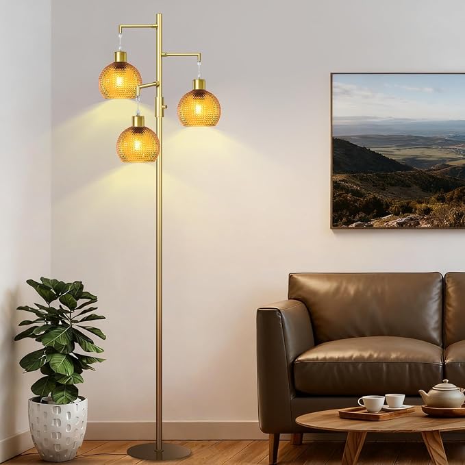 Modern Floor Lamp for Living Room, Mid Century Standing Tree Lamps with Orange Glass Shade, Dimmable 3 Lights Tall Lamp, 3 x 600LM LED Edison Bulbs Included