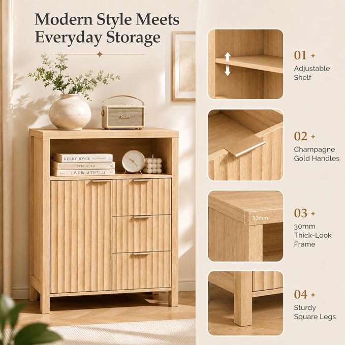 VINGLI Bathroom Storage Cabinet with 3 Drawers & Door, Slim Freestanding Floor Cabinet Organizer for Small Spaces, 30mm Thick-Look Top & Legs, Adjustable Shelf, Modern Fluted Cabinet, Natural Oak