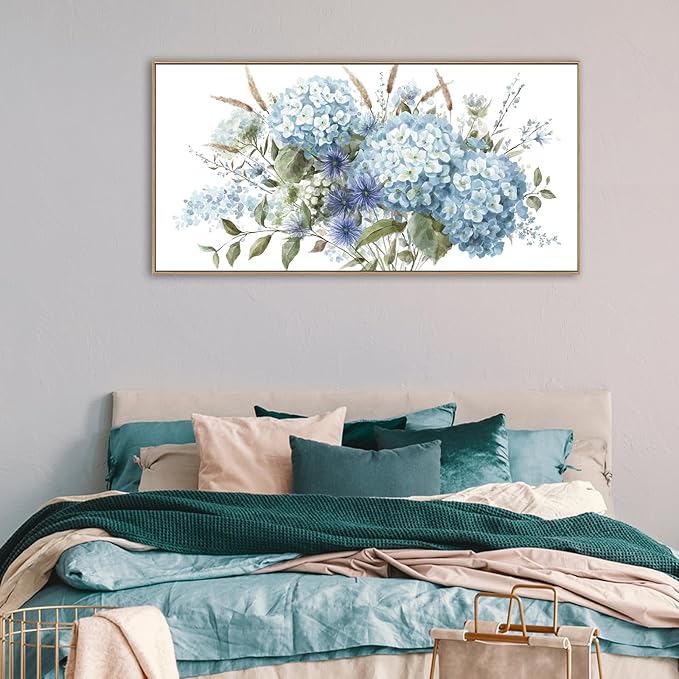 VEAEE Framed Flowers Canvas Wall Art - Blue Floral Canvas Pictures, Living Room Wall Decor, Blue Hydrangea Botanical Canvas Prints Painting Abstract Artwork Bedroom Office Home Decor 24"x 48"