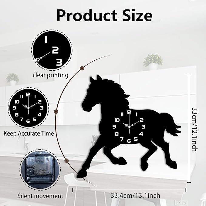 Horse Wall Clock Irregular Shape Decorative Wall Clock Non-Ticking Clock for Home Office Decoration, 13.15×12.99 inch