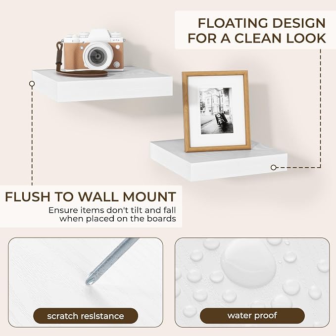 RICHFOCUS 8 Inch Floating Shelves for Wall Small Square Shelves Set for Bedroom|Kitchen|Bathroom|Laundry Room Rustic Wood Wall Mounted Shelf with Invisible Brackets for Books|Storage|Decor, White