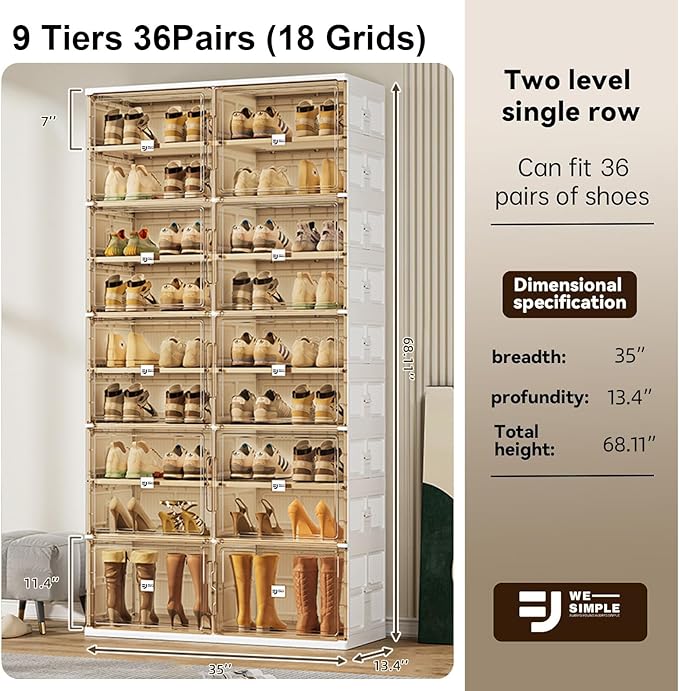 wesimple 36 Pairs Shoes Storage Cabinet of 3-Step Fast Installation,Plastic Shoe Rack with Clear Magnetic Door for Display, Shoe Organizer for Sneaker, Sandals, Heels (2 Row, 9 Tier)