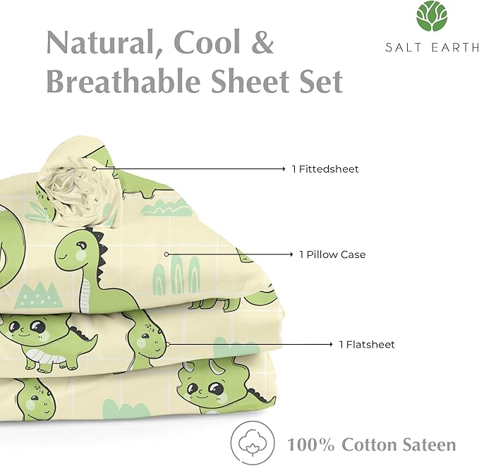 Salt Earth 100% Cotton 210TC Kids Bedsheet, Twin Sheets Set for Toddler Bed, 3 Piece Bedding Set Including Flat Sheet, Fitted Sheet, and Pillowcase, Themed Cute Sheets for a Playful Kids Bed (Dino)