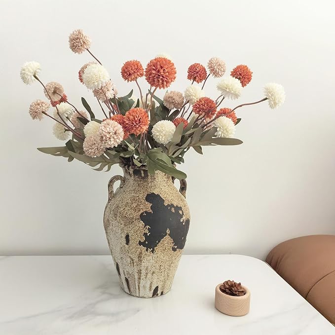Pottery Vase - Vintage Rustic vase, 10" White Farmhouse Weathered Terracotta Vases, Handmade Clay Vase with Two Handles, Tall Textured Antique vases for Home Decor, Entryway, Fireplace Mantel Deco