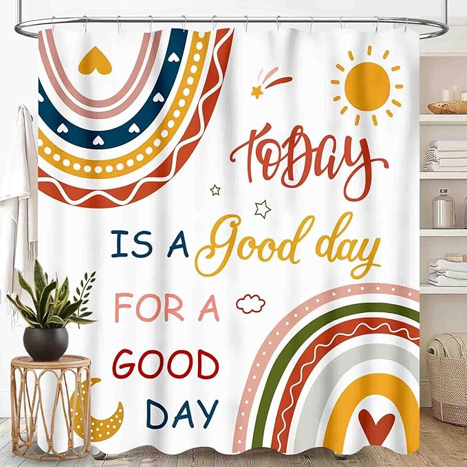 Colorful Shower Curtain, Kids Girls Baby Boho Rainbow Cute Inspirational Motivational Quotes Bohemian Cartoon Pink Pastel Waterproof Fabric Bathroom Shower Curtain Set with Hooks, 72"x78" Inch